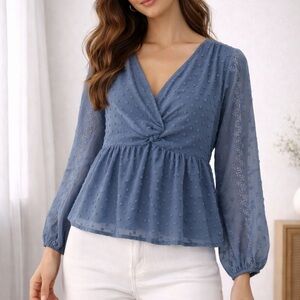 bohme Dusty Blue Swiss Dot Boho Sheer Twist-Peplum Blouse size large
